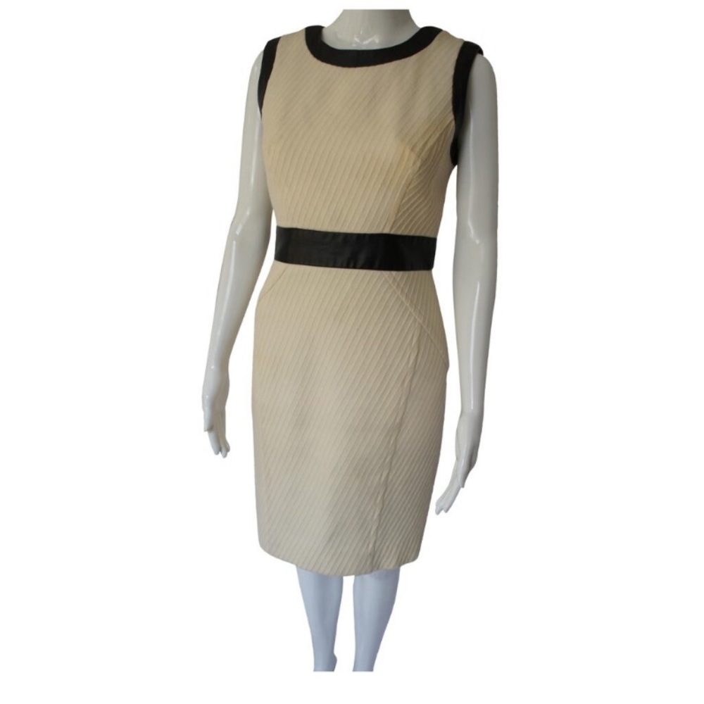 MILLY Cream Knit Wool Dress with Black Leather Trim - Size 4